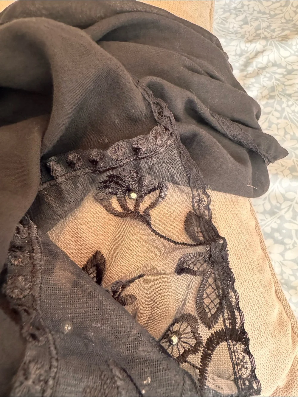 Black Lace Pearl Accent Scarf - Women Accessories
